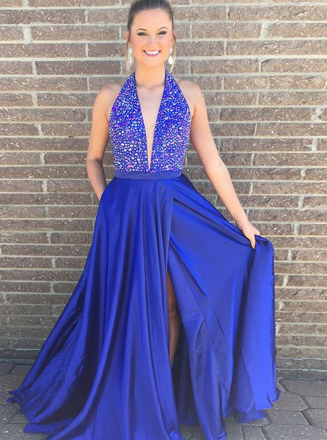 A-Line Deep V-Neck Sleeveless Royal Blue High Split Long Prom Dress, PD0130