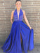 A-Line Deep V-Neck Sleeveless Royal Blue High Split Long Prom Dress, PD0130