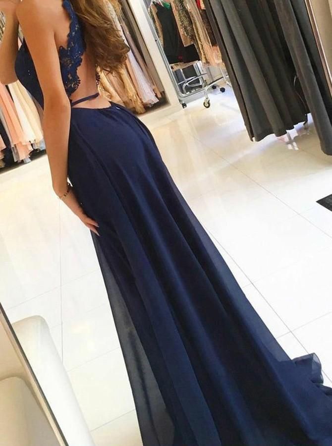 A-Line Deep V-Neck Open-back High Split Chiffon Prom Dresses With Train, PD0126