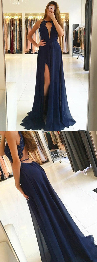 A-Line Deep V-Neck Open-back High Split Chiffon Prom Dresses With Train, PD0126