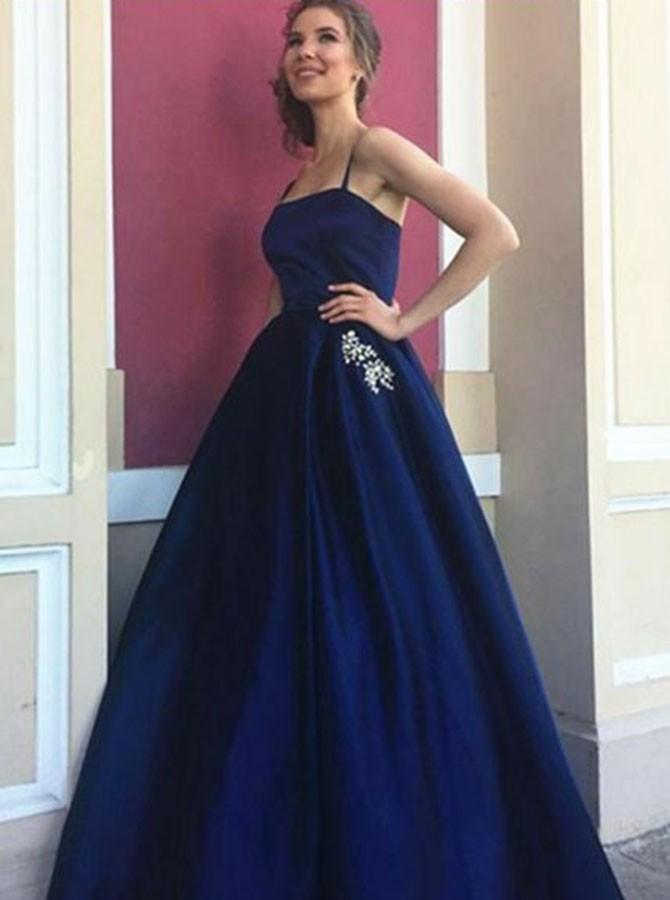 A-Line Spaghetti Straps Navy Blue Long Prom Dresses With Beading Pockets, PD0127