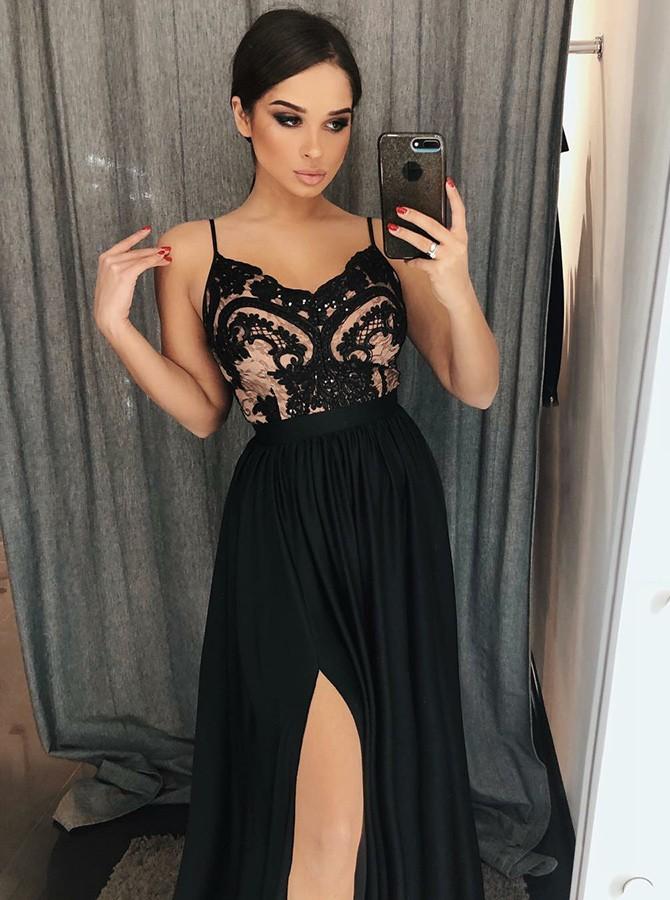 A-Line Black Spaghetti Straps Floor-length Appliques Long Prom Dresses, PD0124