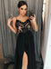 A-Line Black Spaghetti Straps Floor-length Appliques Long Prom Dresses, PD0124