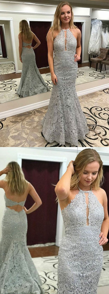 Mermaid Halter Grey Lace Backless Long Prom Dresses, PD0547