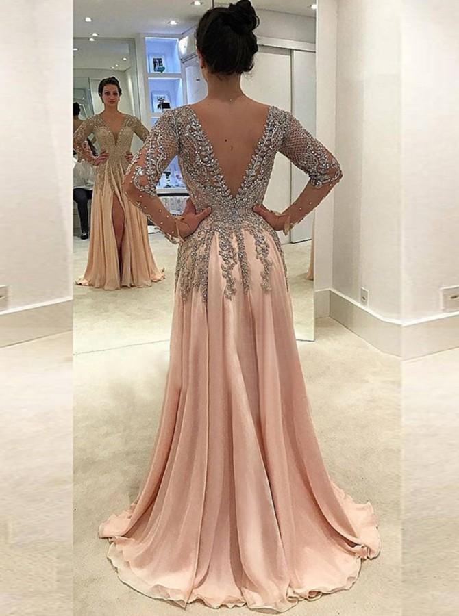 A-Line Deep V-Neck Long Sleeves Backless Chiffon Beading Long Prom Dress, PD0139