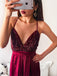 Floor-length Spaghetti Straps Sequins V-neck Split Red Long Prom Dress, PD0133