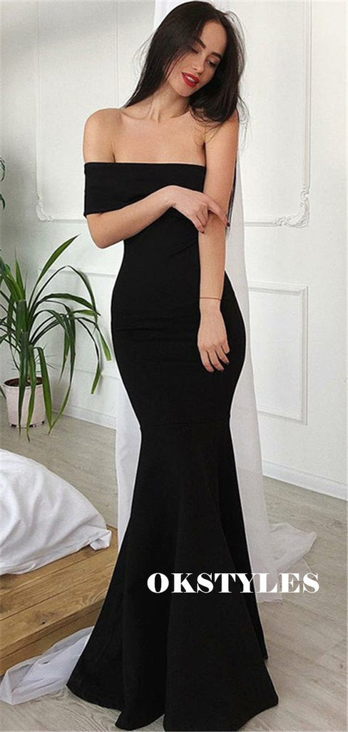 Mermaid Floor-length Off-shoulder Long Balck Satin Prom Dresses, PD0604