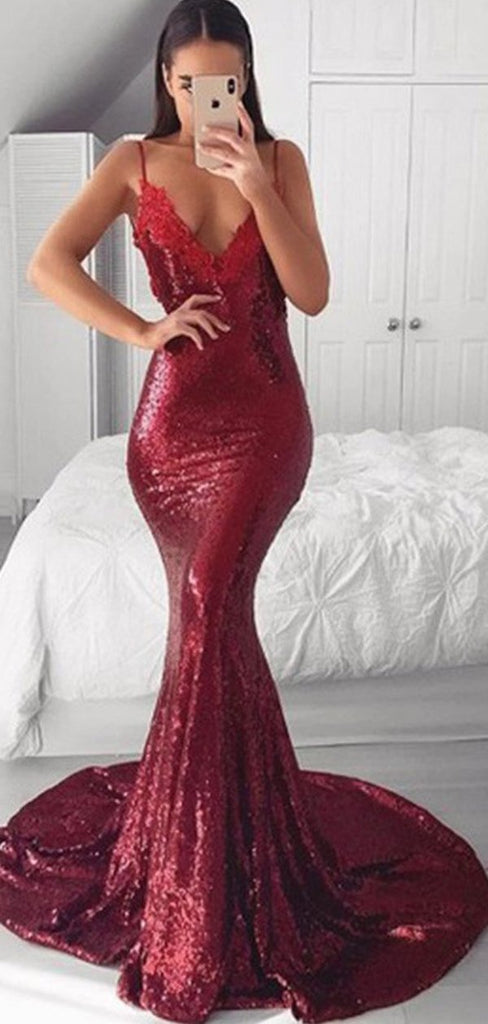 Red Mermaid Sleeveless V Neck Custom Prom Dresses,Sweet 16 Prom Dresses, OL015
