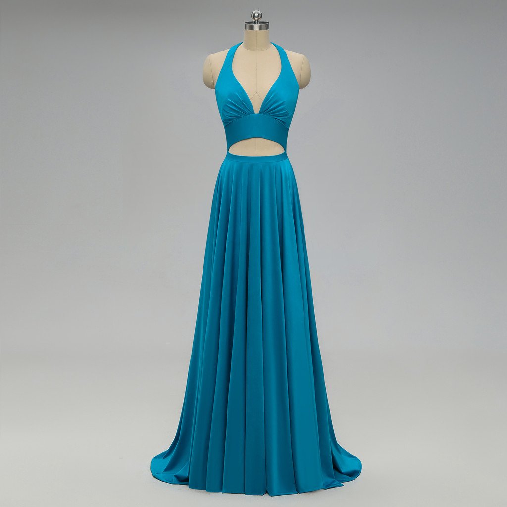 Halter V-neck Backless Long Blue Bridesmaid Dresses With Pleats, BD0554-1