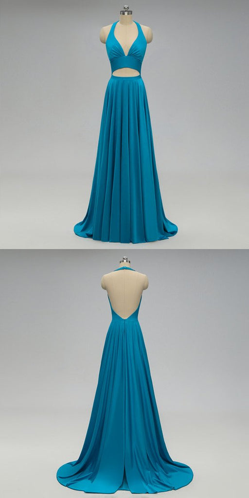 Halter V-neck Backless Long Blue Bridesmaid Dresses With Pleats, BD0554-1