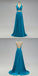 Halter V-neck Backless Long Blue Bridesmaid Dresses With Pleats, BD0554-1