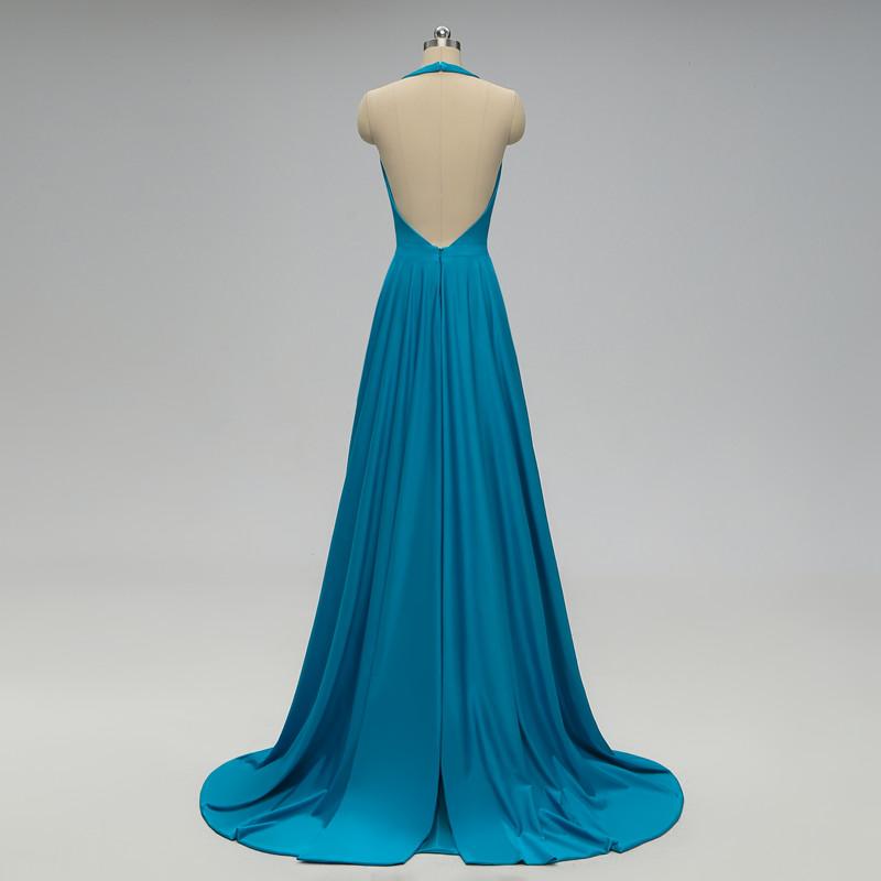 Halter V-neck Backless Long Blue Bridesmaid Dresses With Pleats, BD0554-1