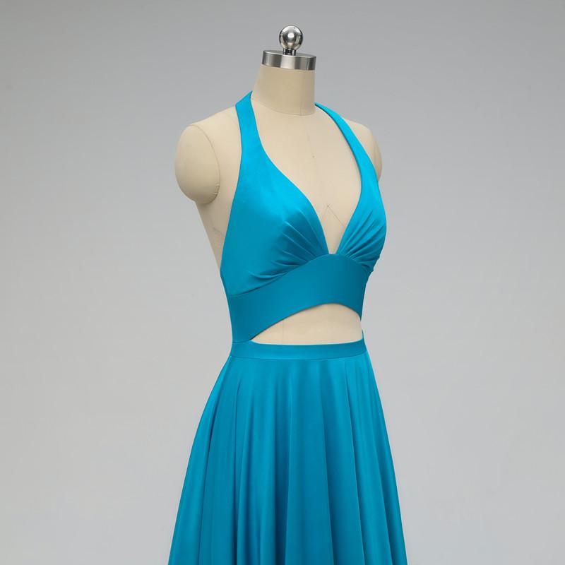 Halter V-neck Backless Long Blue Bridesmaid Dresses With Pleats, BD0554-1