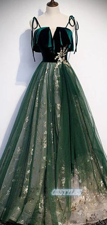 A-line Sleeveless Spaghetti Straps With Applique Long Prom Dresses, OL056