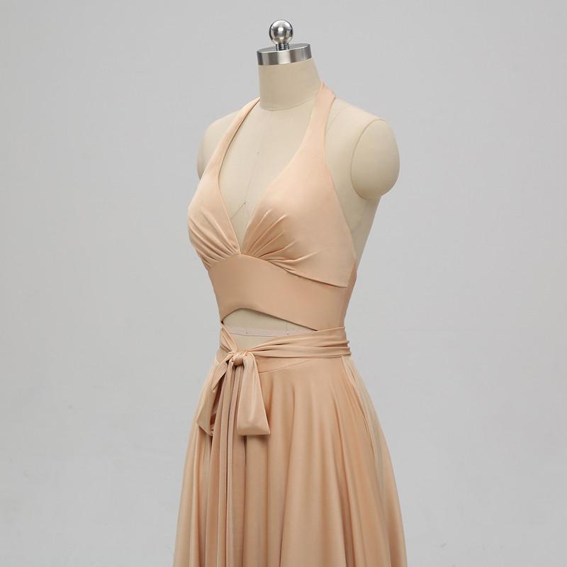 Halter V-neck Backless Long Simple Bridesmaid Dresses With Belt, BD0555-1