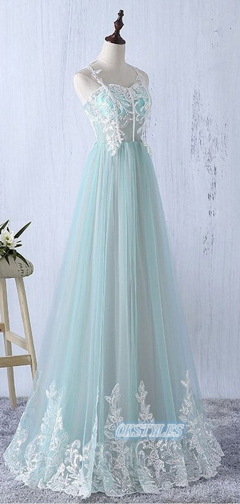 Simple A-line Spaghetti Straps Sleeveless Long Prom Dresses, OL063