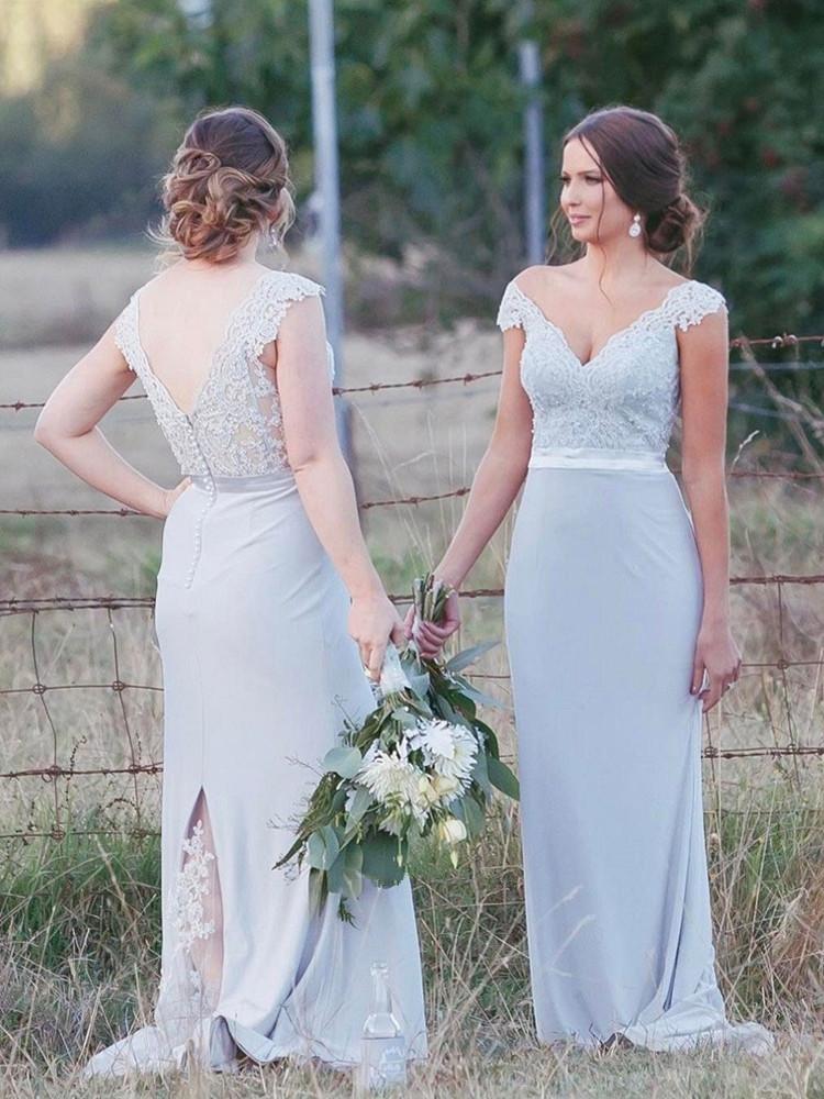 Cap Sleeves V-neck Lace Long Bridesmaid dresses With Train, BD0534