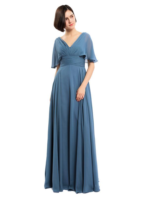 V-neck Short Sleeves Chiffon Bridesmaid Dresses