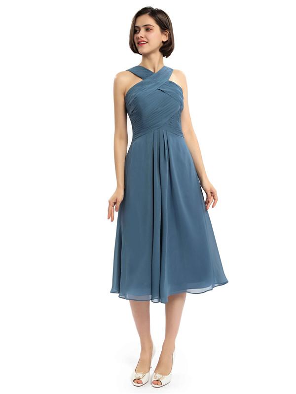 Criss-cross Halter Tea-length Bridesmaid Dresses