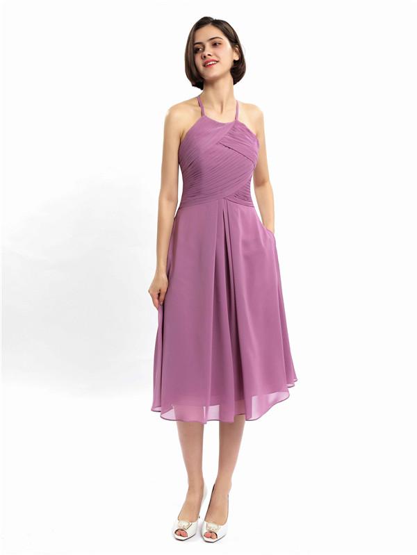 Halter Sleeveless Pleats Bridesmaid Dresses