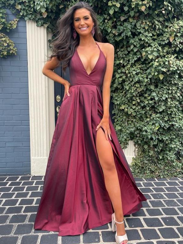 A-Line V Neck Open Back Burgundy evening Long Prom Dresses , MR7010