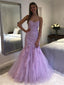 Lilac Tulle Beaded Spaghetti Straps Mermaid Long Evening Prom Dresses, Custom Prom Dress, MR8536