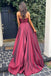 A-Line V Neck Open Back Burgundy evening Long Prom Dresses , MR7010