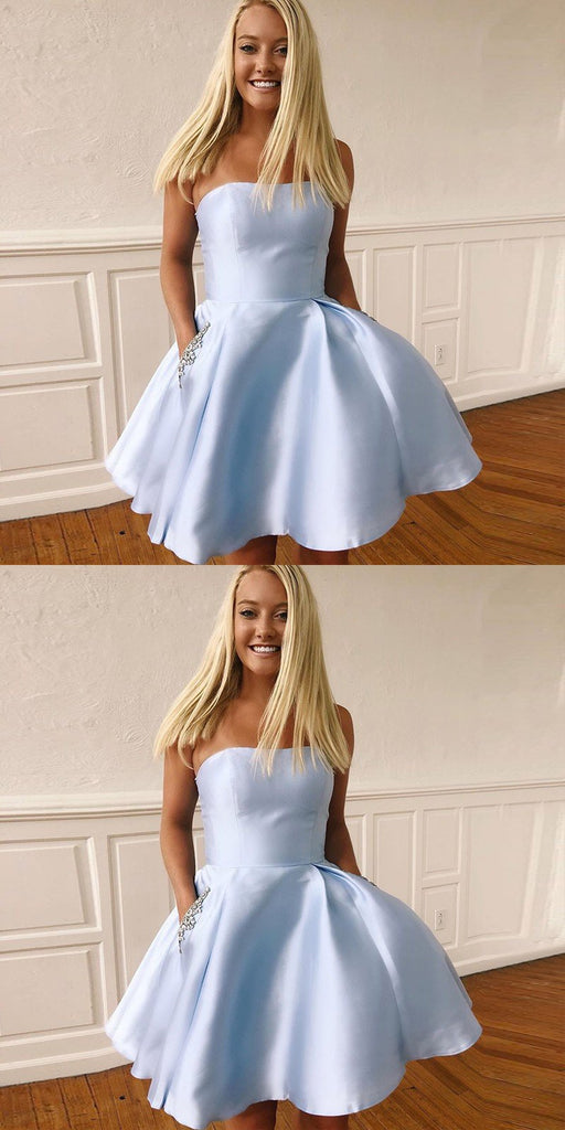 A-Line Strapless Beading Light Blue Homecoming Dresses With Pockets, HD0495