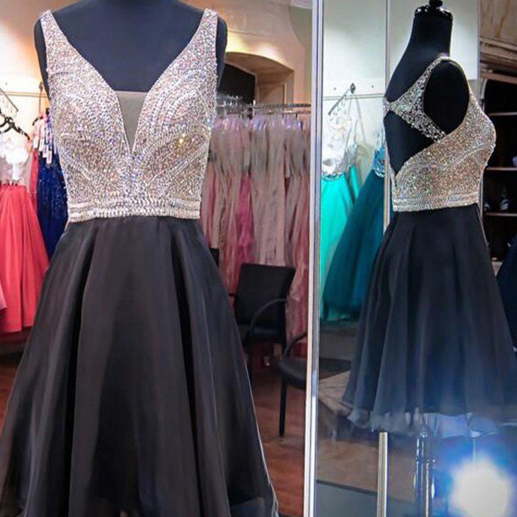 Black Beaded Top Open Back Sparkle Homecoming Dresses, BG51475 - Bubble Gown
