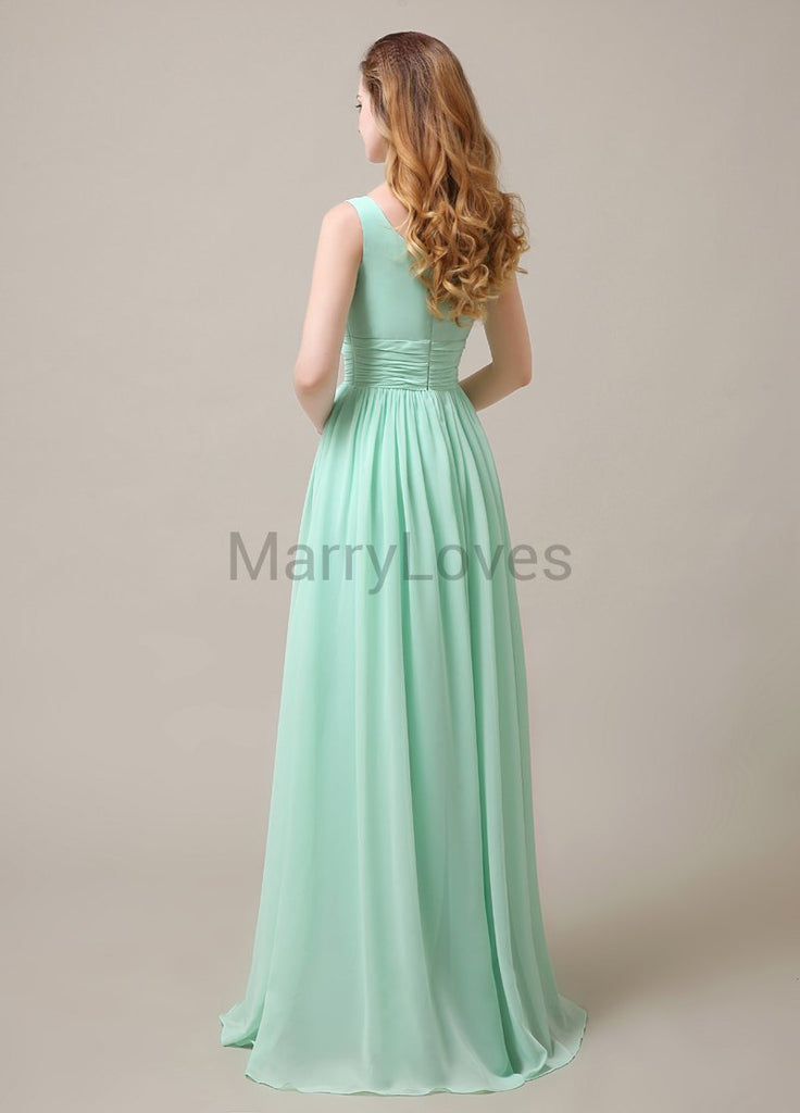 Square Neck Pleats Floor Length Bridesmaid Dresses