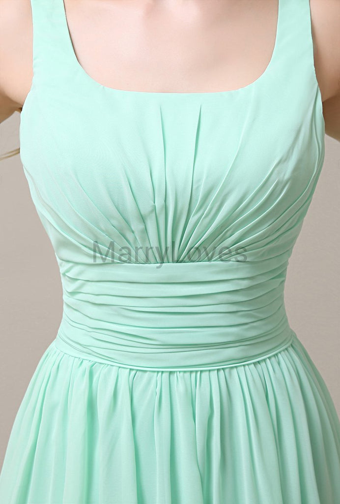 Square Neck Pleats Floor Length Bridesmaid Dresses