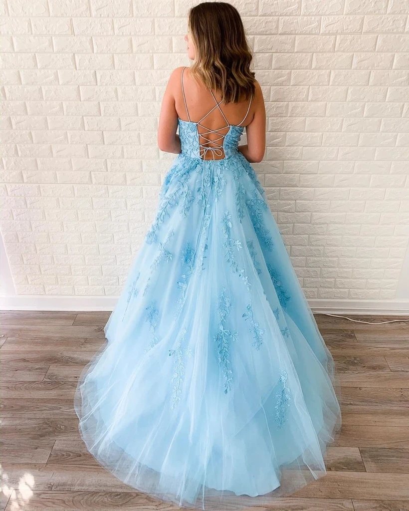 A-line Spaghetti Straps Lace-up Back Appliques Light Blue Tulle Prom Dresses, PD0644