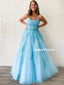 A-line Spaghetti Straps Lace-up Back Appliques Light Blue Tulle Prom Dresses, PD0644