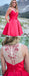 A-line Round Neck Beading Top Red Satin Homecoming Dresses, HD0516