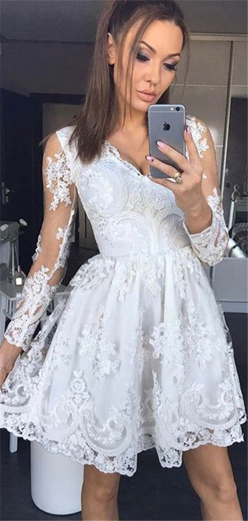 A-line Long Sleeves V-neck Lace Short Homecoming Dresses, HD0512