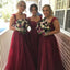 Burgundy Applique Sweetheart Tulle Cheap Long Bridesmaid Dresses, BG51473