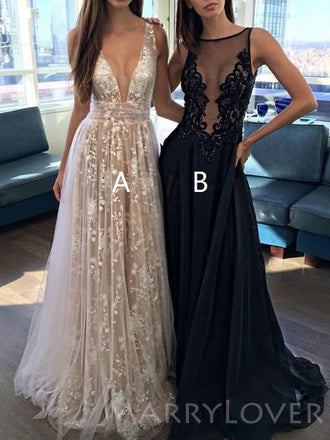 Charming Deep V Neck Sexy Applique Tulle Lace Long Prom Dresses, BG51532