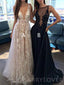 A-Line Deep V-Neck Tulle Lace Appliques Floor-Length Long Sexy Prom Dress, PD0121