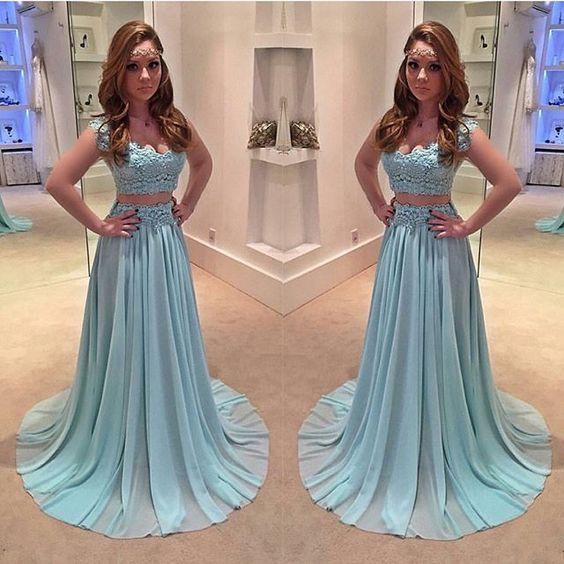 2 Pieces Lace Blue Beautiful Junior Long Prom Dresses, BG51479 - Bubble Gown