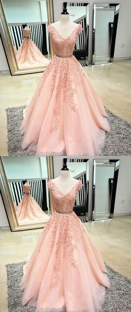 A-line V-neck Appliques Cap Sleeves Long Prom Dresses, PD0159