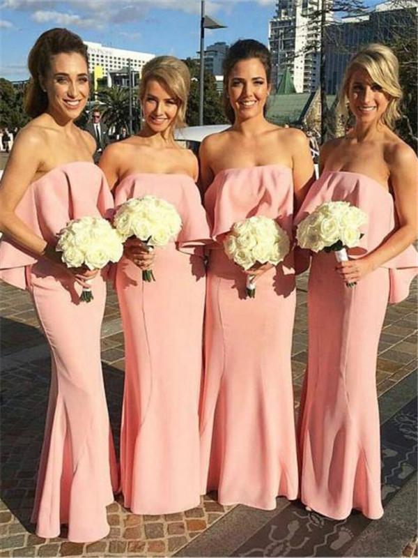 Sheath Simple Strapless Long Cheap Satin Bridesmaid Dresses, BD0596