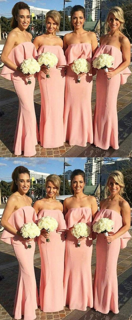 Sheath Simple Strapless Long Cheap Satin Bridesmaid Dresses, BD0596