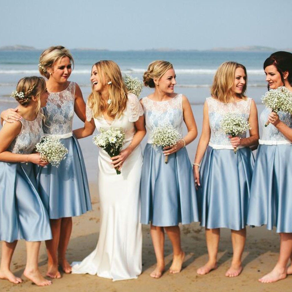 Blue Junior Satin White Lace Short Beach Wedding Bridesmaid Dresses, BG51348 - Bubble Gown