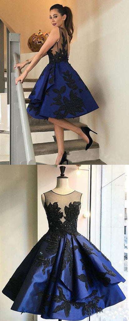 Black Applique Royal Blue Unique Knee Length Cheap Homecoming Dresses, BG51415 - Bubble Gown