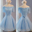 Blue Off Shoulder Half Sleeves Lace Up Cute Homecoming Dresses, BG51446 - Bubble Gown