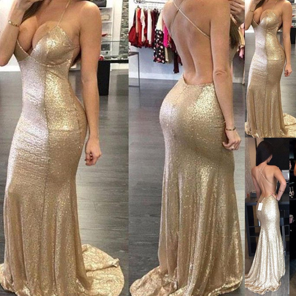 Backless Halter Mermaid Sequin Cheap Long Prom Bridesmaid Dress, BG51367 - Bubble Gown