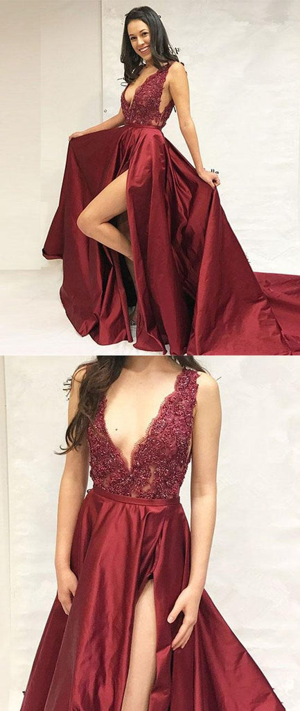 Charming Deep V-neck Sleeveless Appliques Prom Dresses With Train, PD0157