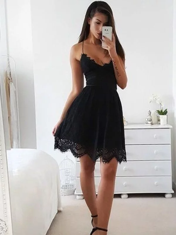 Spaghetti Straps Sleeveless Short Black Lace Simple Homecoming Dresses, HD0441