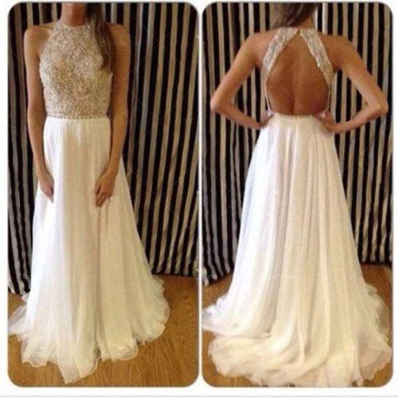 Affordable Ivory Open Back Shinning Long Prom Dresses, BG51165 - Bubble Gown