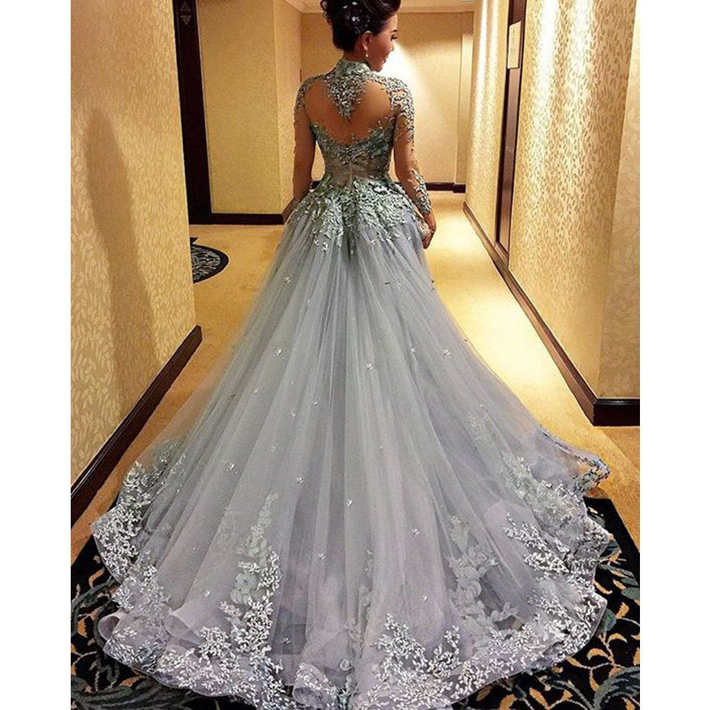 Charming High Neck Long Sleeve Grey Long Prom Dresses, BG51098 - Bubble Gown